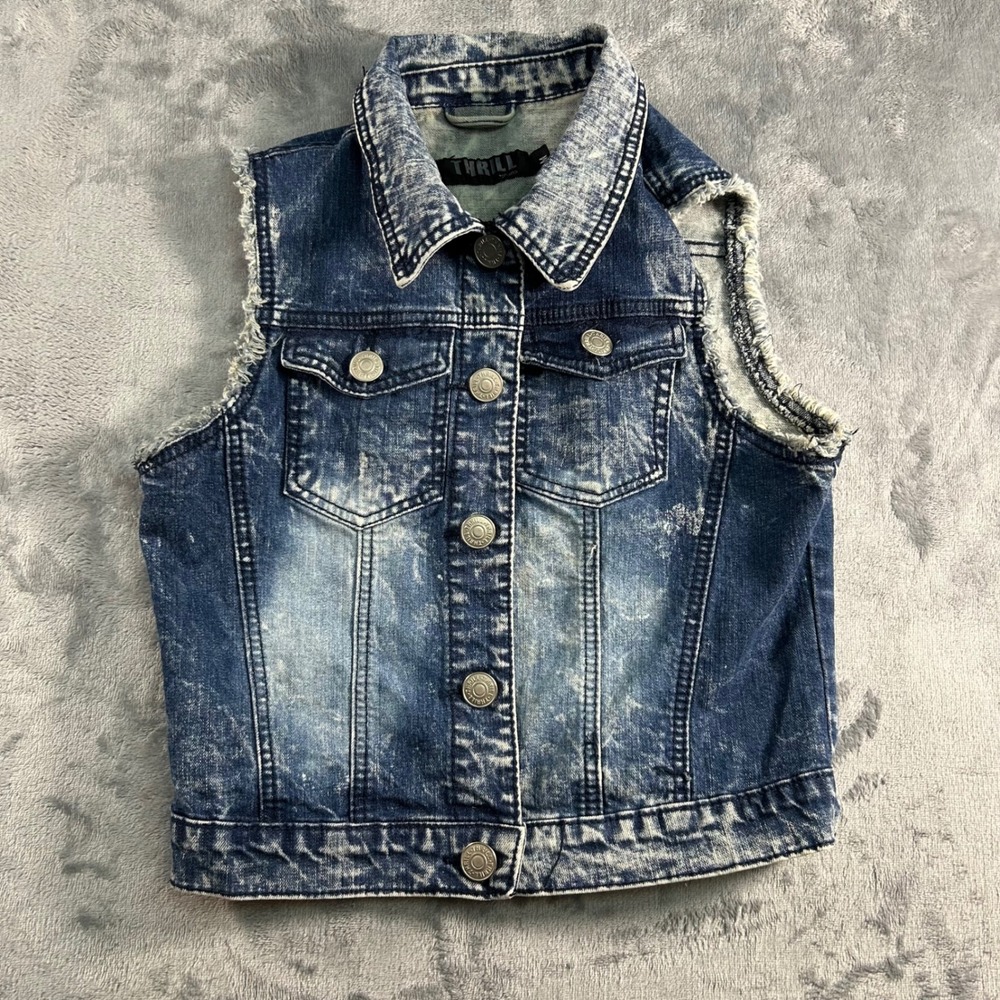 Thrill Jeans Kids‎ Denim Vest Acid Wash Distressed Frayed Collar Button Front M